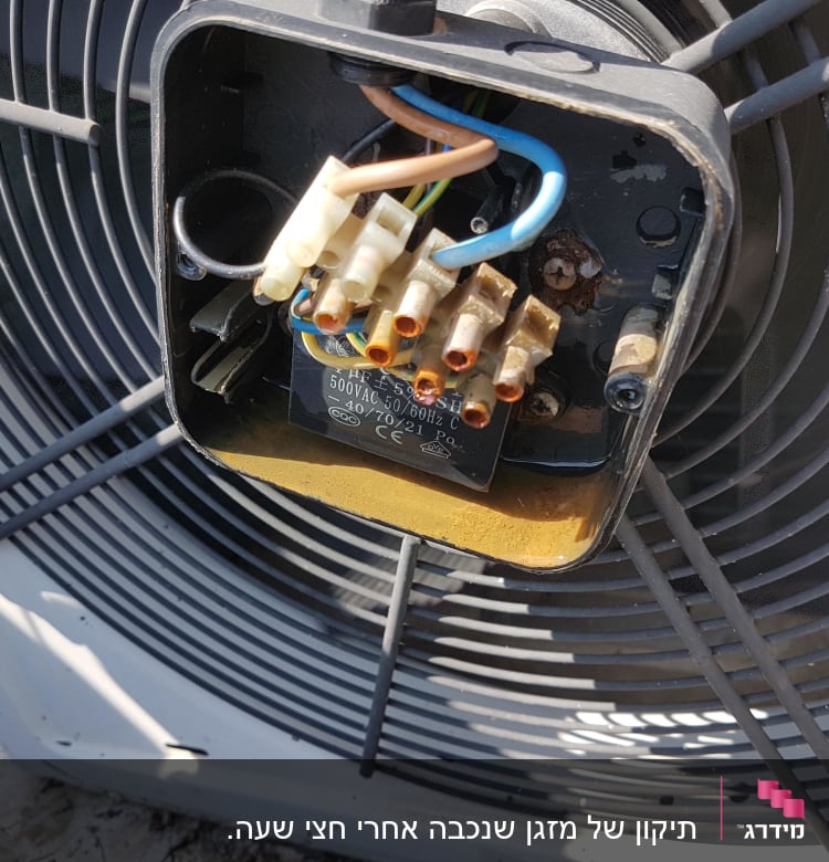חיבורים חשמליים במזגן עם מאוורר ברקע